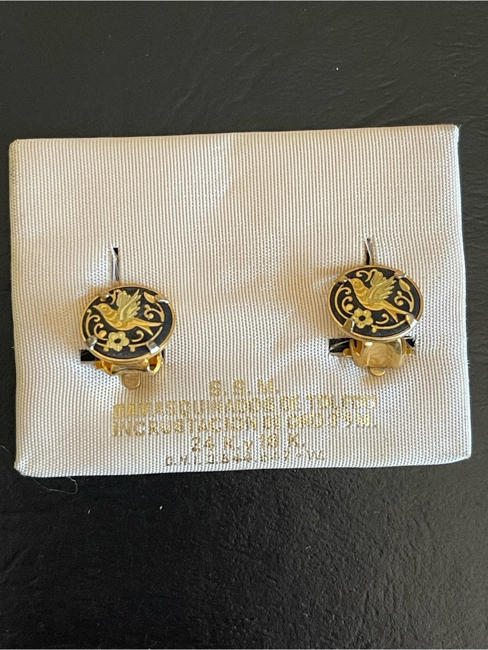 Vintage Damascene Gold and Black Bird Clip-On Earrings.
